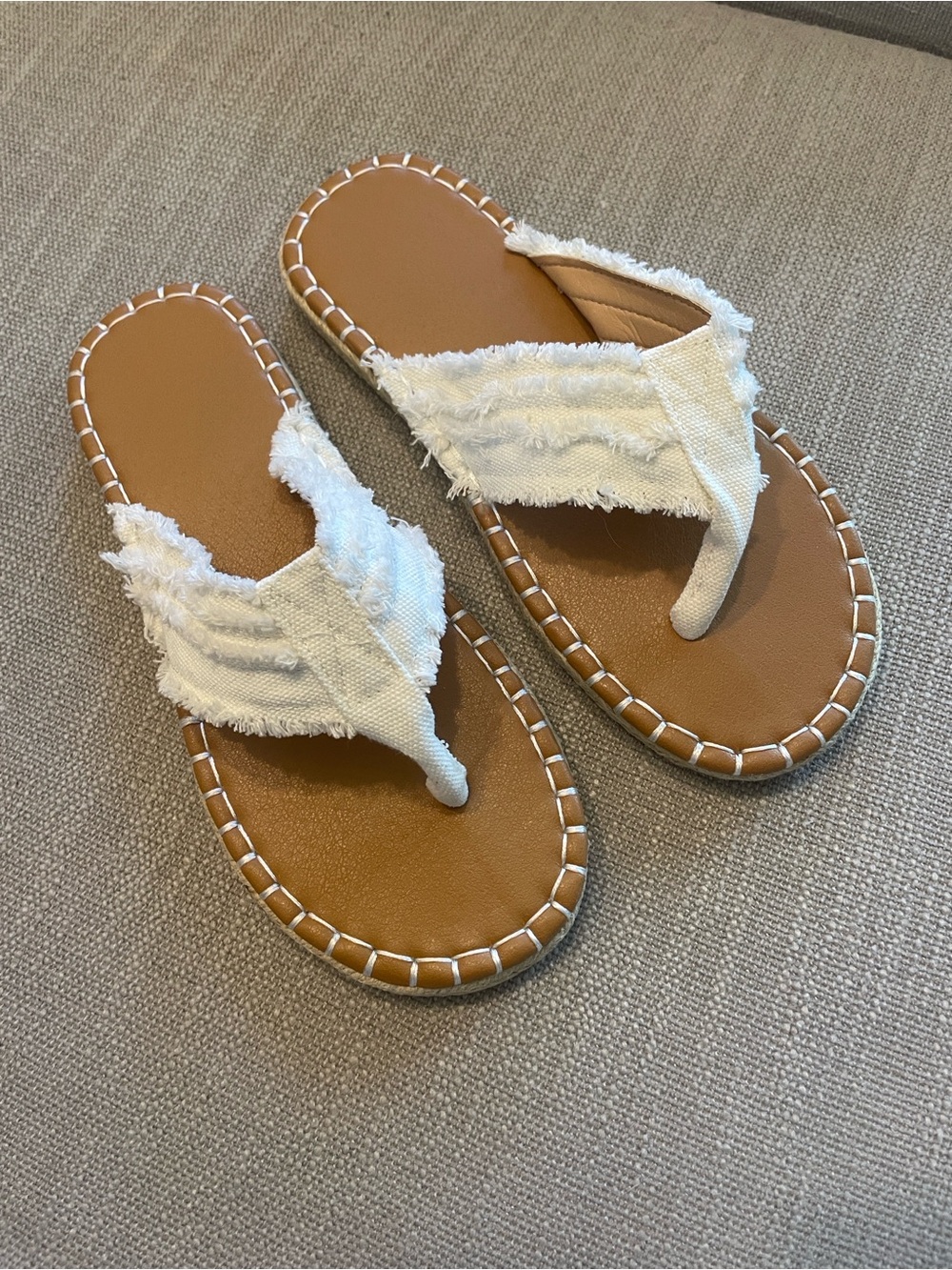 Women’s White Frayed Fabric Thong Sandals with Tan Footbed